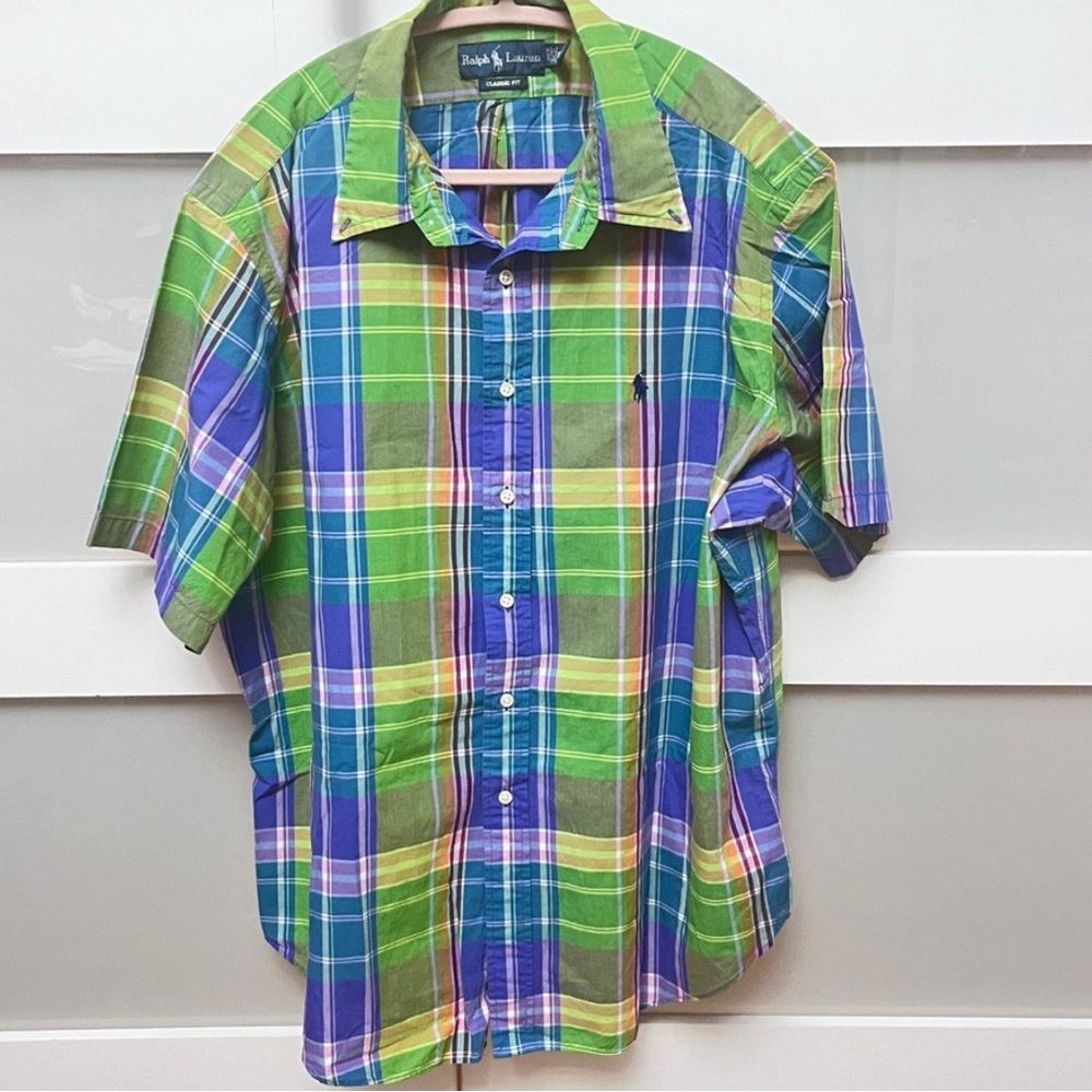 Ralph Lauren Men's Green and Blue Plaid Shirt